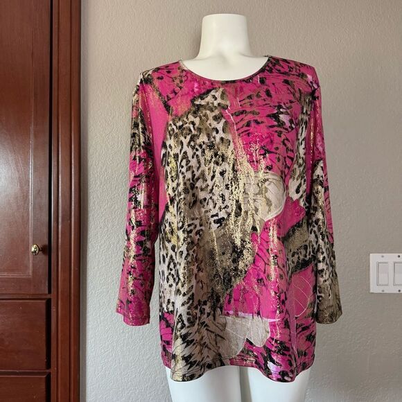 Vintage Tan Jay Petite Pink and Gold Animal Print Top PL Large - Picture 2 of 9